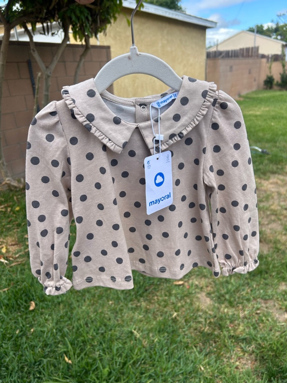 Mayoral Taupe Polka Dot Ruffle Collar Blouse